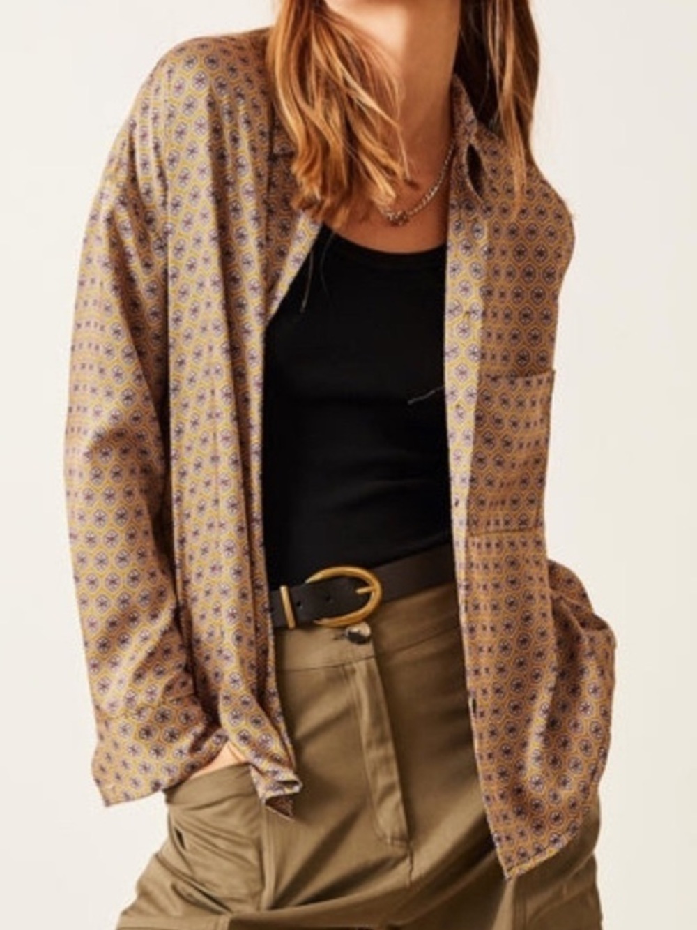 Zara Brown Geometric Printed Pajama-Style Blouse